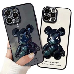 durpeco 2 pack compatible with iphone 14 pro max case 3d cartoon plating teddy bear case for women girls camera lens cover soft tpu shockproof protective phone case 6.7 inch - black&white