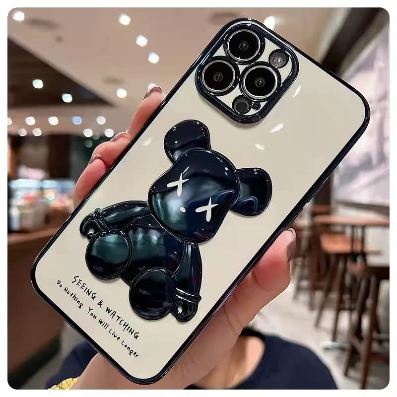 DURPECO 2 Pack Compatible with iPhone 14 Pro Max Case 3D Cartoon Plating Teddy Bear Case for Women Girls Camera Lens Cover Soft TPU Shockproof Protective Phone Case 6.7 Inch - Black&White