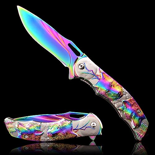 Pocket Knife for Men, Folding Knife With Clip & 3D TITANIUM PLATED WOLF Relief, Embossed Edc Knife For Men Outdoor Survival Camping Hiking hunting (Rainbow)