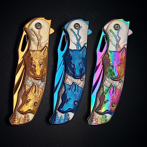 Pocket Knife for Men, Folding Knife With Clip & 3D TITANIUM PLATED WOLF Relief, Embossed Edc Knife For Men Outdoor Survival Camping Hiking hunting (Rainbow)