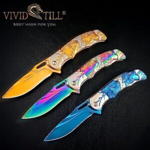 Pocket Knife for Men, Folding Knife With Clip & 3D TITANIUM PLATED WOLF Relief, Embossed Edc Knife For Men Outdoor Survival Camping Hiking hunting (Rainbow)