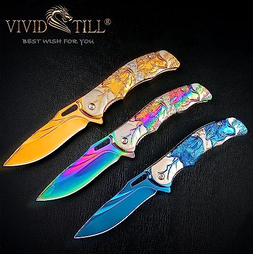 Pocket Knife for Men, Folding Knife With Clip & 3D TITANIUM PLATED WOLF Relief, Embossed Edc Knife For Men Outdoor Survival Camping Hiking hunting (Rainbow)