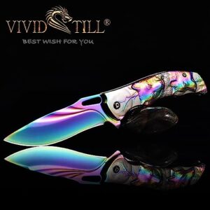 Pocket Knife for Men, Folding Knife With Clip & 3D TITANIUM PLATED WOLF Relief, Embossed Edc Knife For Men Outdoor Survival Camping Hiking hunting (Rainbow)
