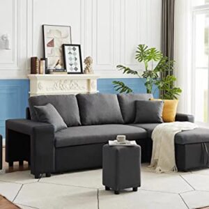 SITHAS Linen Reversible Sectional Couch Pull Out Sleeper Sofa and Chaise with Storage and 2 Steel Sstools