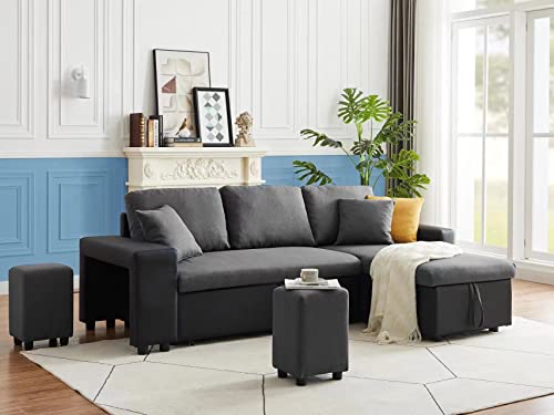 SITHAS Linen Reversible Sectional Couch Pull Out Sleeper Sofa and Chaise with Storage and 2 Steel Sstools