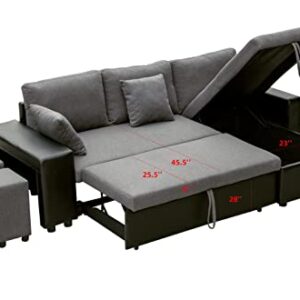 SITHAS Linen Reversible Sectional Couch Pull Out Sleeper Sofa and Chaise with Storage and 2 Steel Sstools