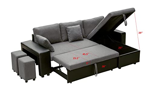 SITHAS Linen Reversible Sectional Couch Pull Out Sleeper Sofa and Chaise with Storage and 2 Steel Sstools