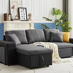 SITHAS Linen Reversible Sectional Couch Pull Out Sleeper Sofa and Chaise with Storage and 2 Steel Sstools