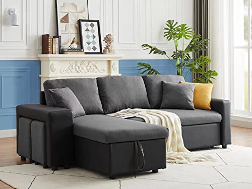 SITHAS Linen Reversible Sectional Couch Pull Out Sleeper Sofa and Chaise with Storage and 2 Steel Sstools