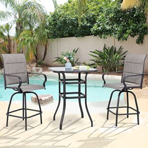 vongrasig 3 piece patio swivel bar set, all weather mental textilene high swivel bar stools chair set of 2 and high glass bar table, outdoor high top bistro set for lawn garden, balcony, gray