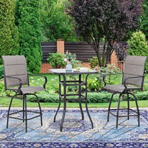 Vongrasig 3 Piece Patio Swivel Bar Set, All Weather Mental Textilene High Swivel Bar Stools Chair Set of 2 and High Glass Bar Table, Outdoor High Top Bistro Set for Lawn Garden, Balcony, Gray