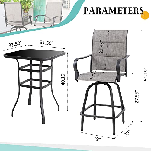 Vongrasig 3 Piece Patio Swivel Bar Set, All Weather Mental Textilene High Swivel Bar Stools Chair Set of 2 and High Glass Bar Table, Outdoor High Top Bistro Set for Lawn Garden, Balcony, Gray