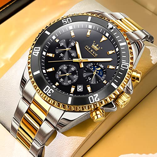 OLEVS Black Gold Watches for Men Classic with Date Business Dress Chronograph Big Face Reloj para Hombre Waterproof Luminous Mens Wrist Watch Analog Party Fashion Stainless Steel Man Watch