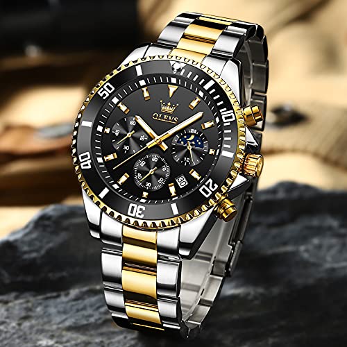 OLEVS Black Gold Watches for Men Classic with Date Business Dress Chronograph Big Face Reloj para Hombre Waterproof Luminous Mens Wrist Watch Analog Party Fashion Stainless Steel Man Watch