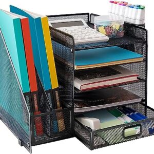 Metal Mesh Desk Organizer with 1 Sliding Drawer, 5 Horizontal Trays and 2 Vertical Sections, with 2 Spaces for Pencils and Accessories Black, assembles and disassembles in minutes to store or use