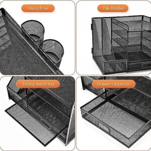 Metal Mesh Desk Organizer with 1 Sliding Drawer, 5 Horizontal Trays and 2 Vertical Sections, with 2 Spaces for Pencils and Accessories Black, assembles and disassembles in minutes to store or use