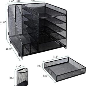 Metal Mesh Desk Organizer with 1 Sliding Drawer, 5 Horizontal Trays and 2 Vertical Sections, with 2 Spaces for Pencils and Accessories Black, assembles and disassembles in minutes to store or use