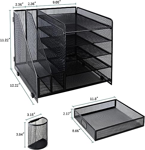 Metal Mesh Desk Organizer with 1 Sliding Drawer, 5 Horizontal Trays and 2 Vertical Sections, with 2 Spaces for Pencils and Accessories Black, assembles and disassembles in minutes to store or use