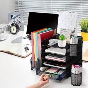 Metal Mesh Desk Organizer with 1 Sliding Drawer, 5 Horizontal Trays and 2 Vertical Sections, with 2 Spaces for Pencils and Accessories Black, assembles and disassembles in minutes to store or use