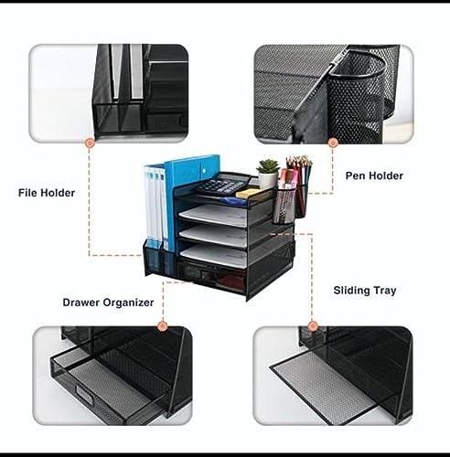 Metal Mesh Desk Organizer with 1 Sliding Drawer, 5 Horizontal Trays and 2 Vertical Sections, with 2 Spaces for Pencils and Accessories Black, assembles and disassembles in minutes to store or use