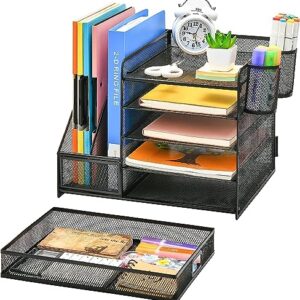 Metal Mesh Desk Organizer with 1 Sliding Drawer, 5 Horizontal Trays and 2 Vertical Sections, with 2 Spaces for Pencils and Accessories Black, assembles and disassembles in minutes to store or use