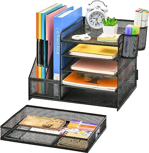 Metal Mesh Desk Organizer with 1 Sliding Drawer, 5 Horizontal Trays and 2 Vertical Sections, with 2 Spaces for Pencils and Accessories Black, assembles and disassembles in minutes to store or use