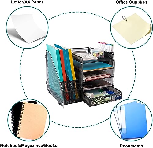 Metal Mesh Desk Organizer with 1 Sliding Drawer, 5 Horizontal Trays and 2 Vertical Sections, with 2 Spaces for Pencils and Accessories Black, assembles and disassembles in minutes to store or use