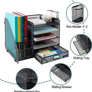 Metal Mesh Desk Organizer with 1 Sliding Drawer, 5 Horizontal Trays and 2 Vertical Sections, with 2 Spaces for Pencils and Accessories Black, assembles and disassembles in minutes to store or use