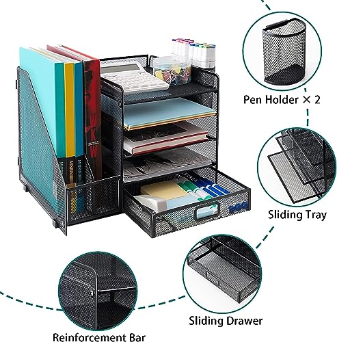 Metal Mesh Desk Organizer with 1 Sliding Drawer, 5 Horizontal Trays and 2 Vertical Sections, with 2 Spaces for Pencils and Accessories Black, assembles and disassembles in minutes to store or use