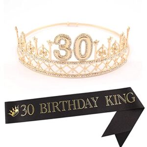 BRT Bearingshui 30th Birthday Sash and Tiara for Men, 30 Gold Birthday Crown 30 Birthday King Sash for Men, 30th Birthday Gifts for Happy 30th Birthday Party Supplies