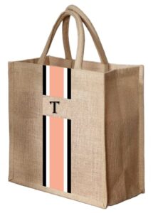 globyz jute burlap light salmon color with initials tote bag present for wedding birthday gift bridesmaid (35h*30l*12w cm) (t)