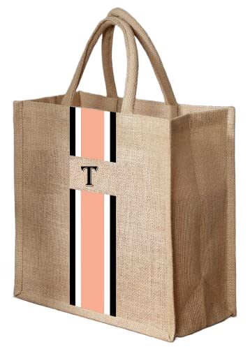 Globyz Jute Burlap Light Salmon Color With Initials Tote Bag Present for Wedding Birthday Gift Bridesmaid (35H*30L*12W CM) (T)