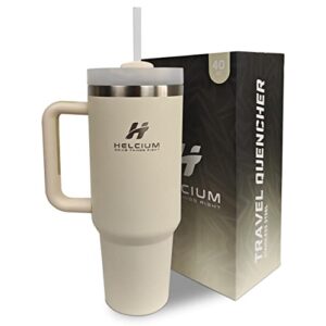 helcium travel quencher tumbler with lid and straw – practical tumbler with handle for water, coffee, tea, juice –hot and cold 40oz tumbler with handle –insulated stainless steel tumblers