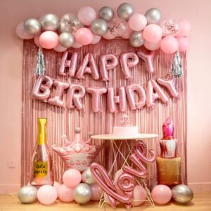 pink birthday decorations for women ，happy birthday party decorations for girls，pink fringe curtain，happy birthday banner，happy birthday balloon，happy birthday balloon letters