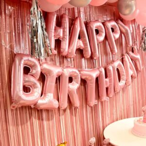 pink birthday decorations for women ，happy birthday party decorations for girls，pink Fringe Curtain，happy birthday banner，happy birthday balloon，happy birthday balloon letters