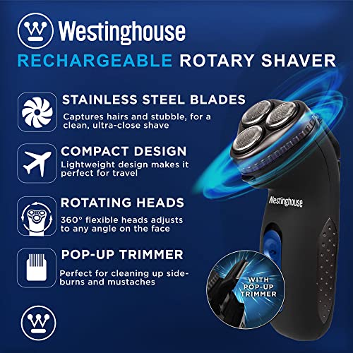 Westinghouse Shavers for Men Rechargeable Electric Razor for Men, Cordless Rotary Electric Shaver with Pop-Trimmer with Powerful Rotating Heads