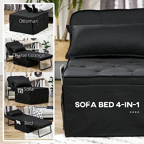 HOMCOM Ottoman Sofa Bed, 4 in 1 Multi-Function Button Tufted Folding Sleeper Chair Bed with Adjustable Backrest, Pillow, Side Pocket for Home Office, Bedroom, Living Room, Black