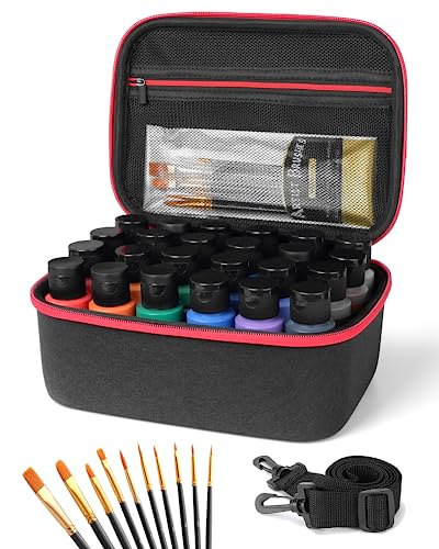 Acrylic Paint Storage case for Apple Barrel Acrylic Paint with 10pcs Paint Brush, Craft Paint Storage for 24 Bottles of 2 oz Acrylic Paint, Hard Shell Acrylic Paint Bottle Storage Organizer case