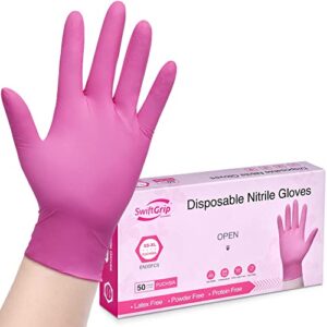 swiftgrip powder-free nitrile gloves, medium, 50ct box - 3-mil, disposable, latex-free, for kitchen, cleaning, estheticians, hair stylist - pink/fuchsia