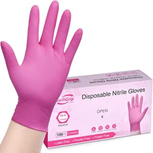 swiftgrip powder-free nitrile gloves, medium, 100ct box - 3-mil, disposable, latex-free, for kitchen, cleaning, estheticians, hair stylist - pink/fuchsia
