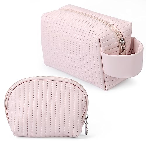 VOOWO 2 Piece Small Makeup Bag for Purse, Small Cosmetic Bags for Women, PU Leather Waterproof Mini Make Up Bag Travel Essentials for Women, Portable Small Makeup Pouch Cute Cosmetic Pouch (Pink)