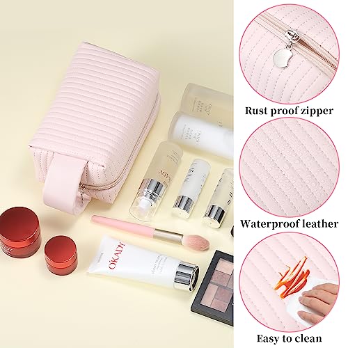 VOOWO 2 Piece Small Makeup Bag for Purse, Small Cosmetic Bags for Women, PU Leather Waterproof Mini Make Up Bag Travel Essentials for Women, Portable Small Makeup Pouch Cute Cosmetic Pouch (Pink)