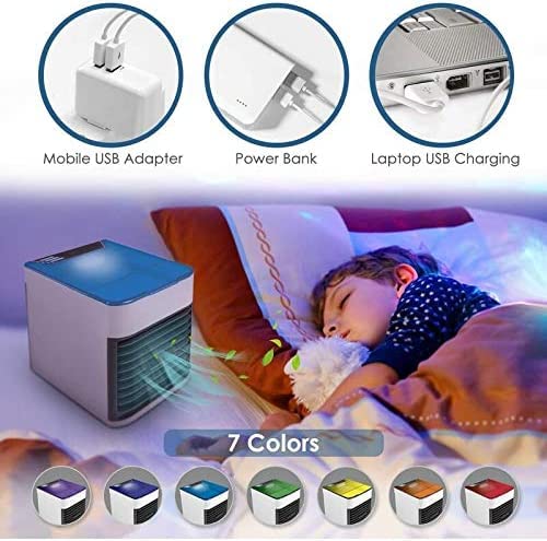 Portable Air Conditioner Fan, Spray humidification, 3 in 1 Air Cooler | Humidifier | Purifier,with 3 Speeds 7 Colors LED Light for Home Office Bedroom