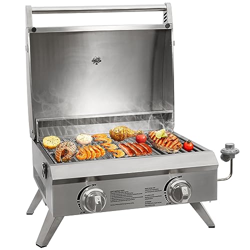 Hykolity 20 in. Portable Propane Grill, 20,000 BTU Stainless Steel Tabletop Propane Gas Grill with Travel Locks, Built in Thermometer, Propane Grill for Camping, Outdoor, Cooking, Tailgating