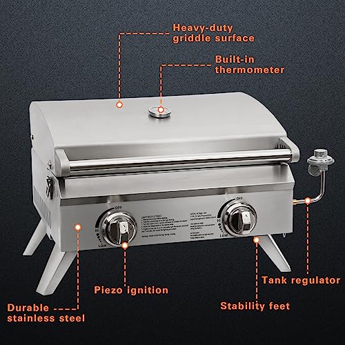 Hykolity 20 in. Portable Propane Grill, 20,000 BTU Stainless Steel Tabletop Propane Gas Grill with Travel Locks, Built in Thermometer, Propane Grill for Camping, Outdoor, Cooking, Tailgating