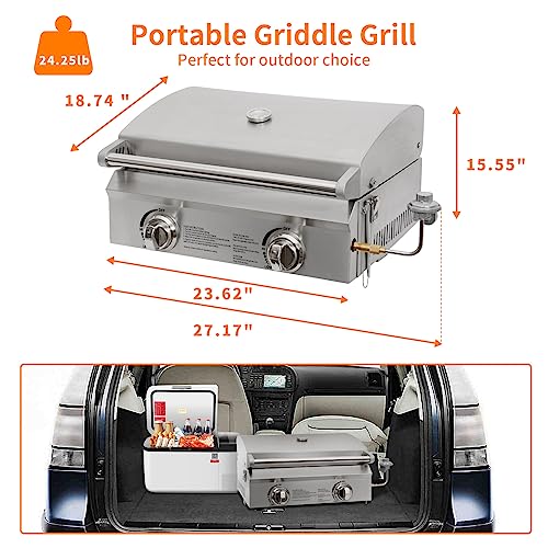 Hykolity 20 in. Portable Propane Grill, 20,000 BTU Stainless Steel Tabletop Propane Gas Grill with Travel Locks, Built in Thermometer, Propane Grill for Camping, Outdoor, Cooking, Tailgating