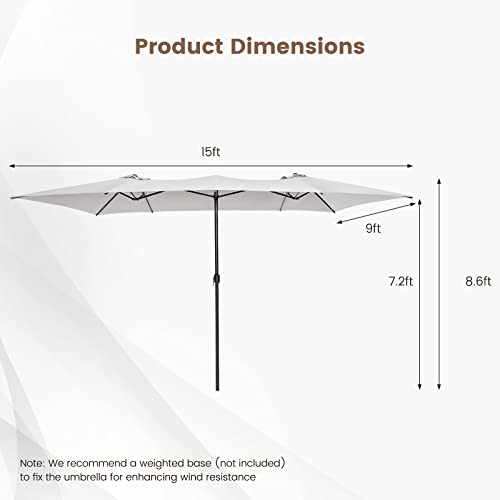 Tangkula 15 FT Double-Sided Patio Umbrella with Crank Handle, Vented Tops, Large Outdoor Rectangle Twin Umbrella with 10-Rib Metal Structure, Table Umbrella for Poolside Deck Lawn Garden (Beige)