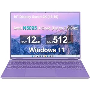 ruzava/aocwei 16" laptop 12+512gb celeron intel n5095 (up to 2.9ghz) 4-core win 11 pc with cooling fan 1920 * 1200 2k screen dual wifi support 2.5" hdd 1tb ssd expand for game work study-purple