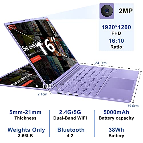 Ruzava/Aocwei 16" Laptop 12+512GB Celeron Intel N5095 (Up to 2.9Ghz) 4-Core Win 11 PC with Cooling Fan 1920 * 1200 2K Screen Dual WiFi Support 2.5" HDD 1TB SSD Expand for Game Work Study-Purple