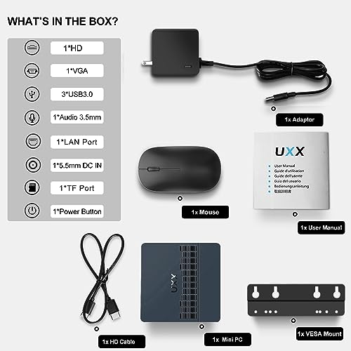 UXX Mini PC Support 512GB/2TB M.2 SSD Expansion, Intel Celeron N3350 6GB RAM/64GB eMMC Micro PC, Business Mini Computer 4K HDMI+VGA Dual Display, BT, 2.4/5G WiFi, USB 3.0, LAN-Blue